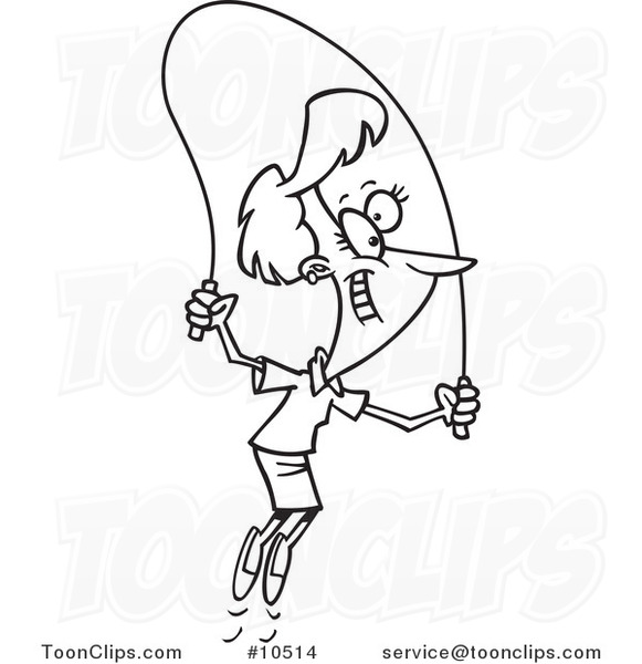 Cartoon Black and White Line Drawing of a Lady Skipping Rope