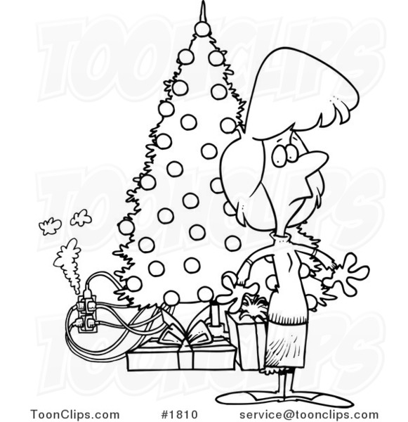 Cartoon Black and White Line Drawing of a Lady Standing by a Christmas Tree with an Overloaded an Electrical Socket