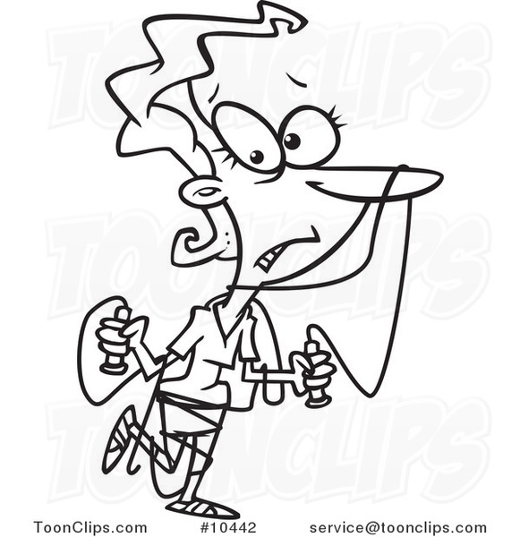Cartoon Black and White Line Drawing of a Lady Tangled in Jump Rope