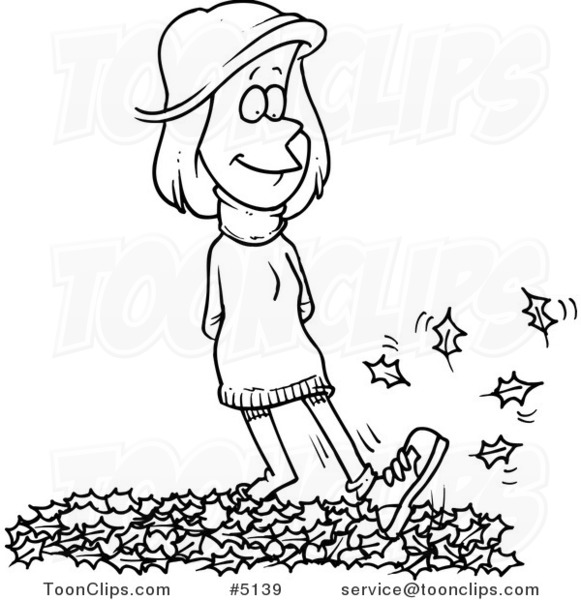 Cartoon Black and White Line Drawing of a Lady Walking in Leaves