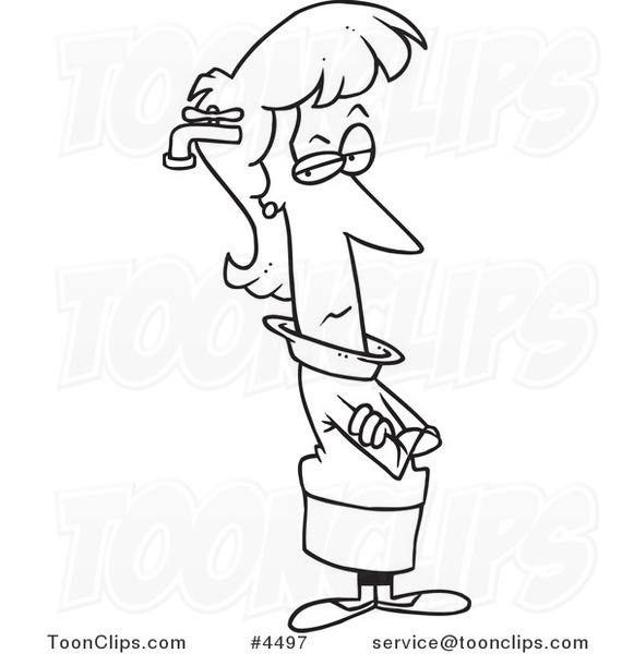 Cartoon Black and White Line Drawing of a Lady with a Brain Drain #4497 by  Ron Leishman