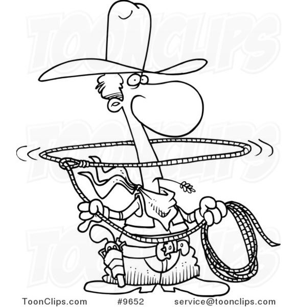 Cartoon Black and White Line Drawing of a Lasso Cowboy #9652 by Ron Leishman