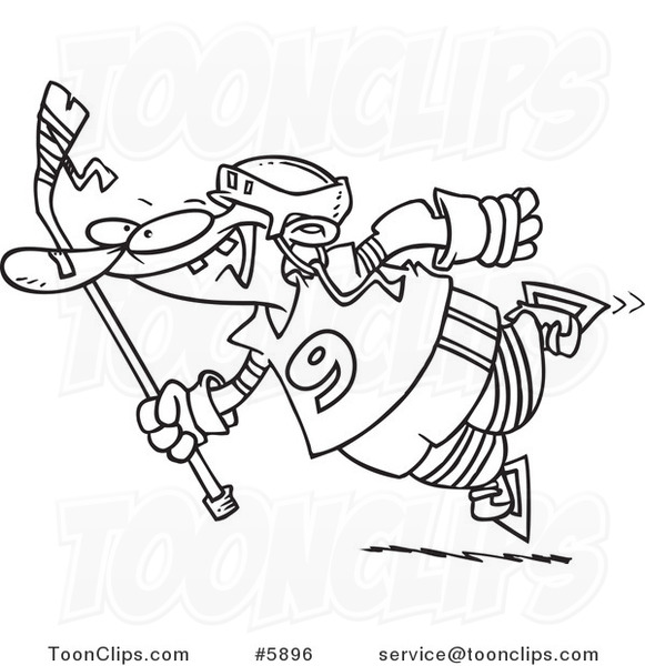 Cartoon Black and White Line Drawing of a Leaping Hockey Player