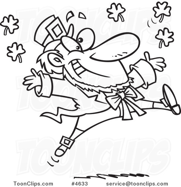 Cartoon Black and White Line Drawing of a Leaping Leprechaun