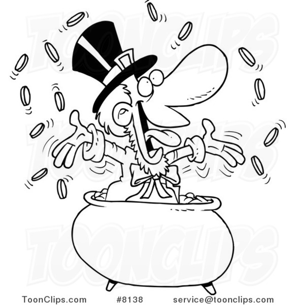 Cartoon Black and White Line Drawing of a Leprechaun Celebrating in His Pot of Gold