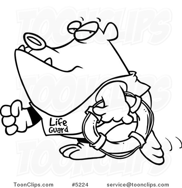 Cartoon Black and White Line Drawing of a Lifeguard Bear Carrying a Life Buoy