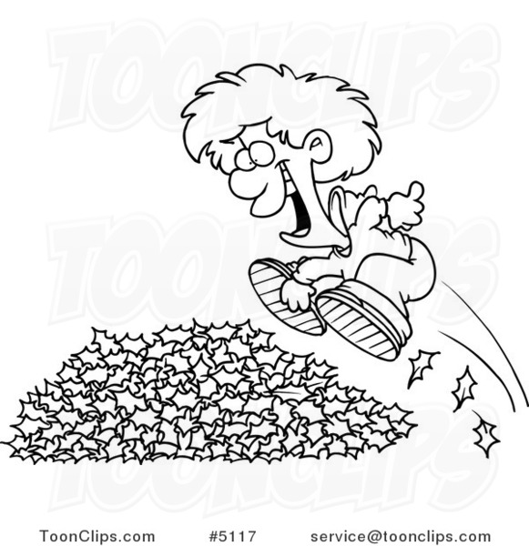 Cartoon Black and White Line Drawing of a Little Boy Jumping in Leaves