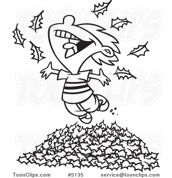 Cartoon Black and White Line Drawing of a Little Boy Playing in Leaves