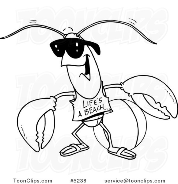Cartoon Black and White Line Drawing of a Lobster at the Beach #5238 by Ron  Leishman