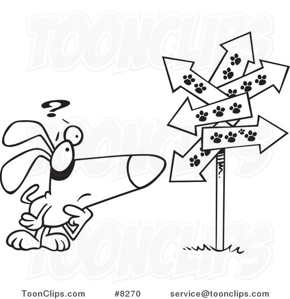 Cartoon Black and White Line Drawing of a Lost Dog Staring at Paw Print Signs