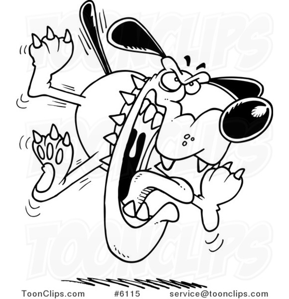 Cartoon Black and White Line Drawing of a Mad Attacking Dog