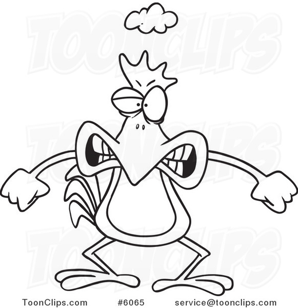 Cartoon Black and White Line Drawing of a Mad Chicken #6065 by Ron Leishman
