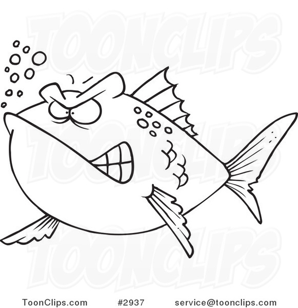 Cartoon Black and White Line Drawing of a Mad Fish