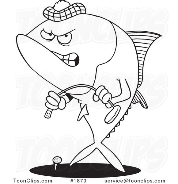 Cartoon Black and White Line Drawing of a Mad Tuna Fish Playing Golf