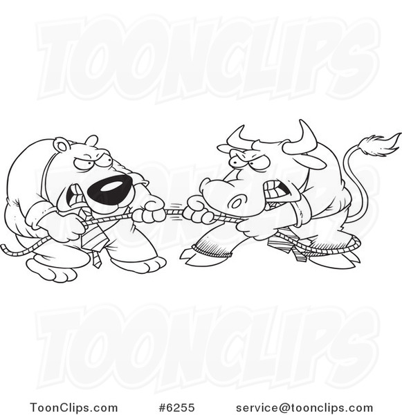 Cartoon Black and White Line Drawing of a Market Bull and Bear Engaged in Tug of War