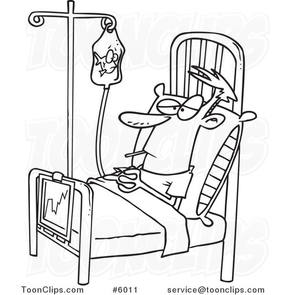 Cartoon Black and White Line Drawing of a Medical Patient Watching a Goldfish in His Fluid Bag