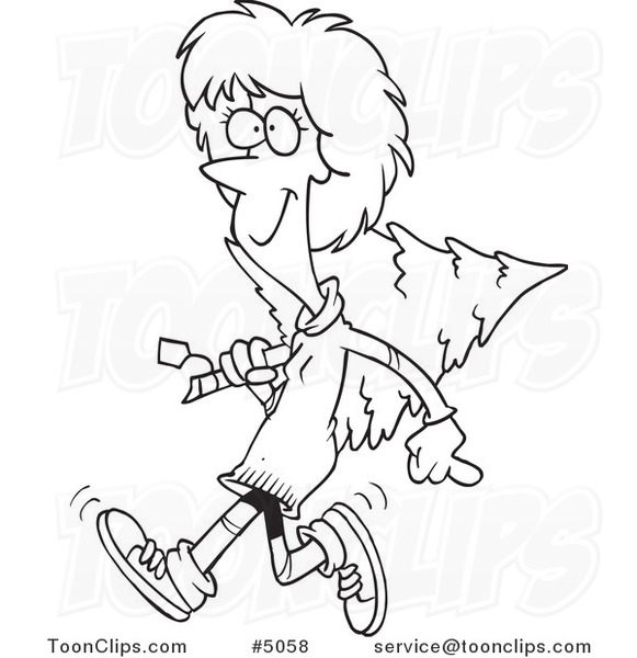 Cartoon Black and White Line Drawing of a Merry Lady Carrying a Christmas Tree