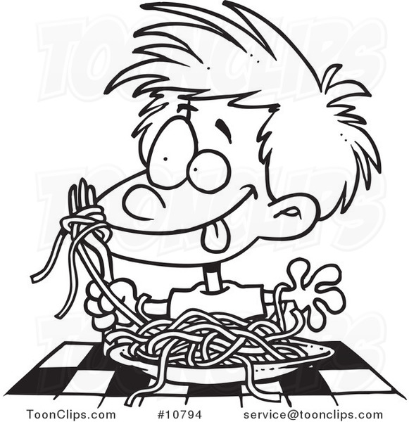 Cartoon Black and White Line Drawing of a Messy Boy Chowing down on Spaghetti