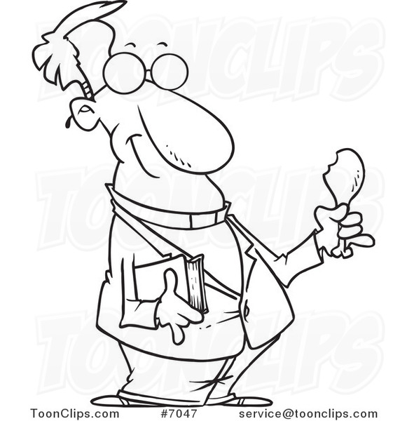 Cartoon Black and White Line Drawing of a Minister Holding a Bible and Drumstick