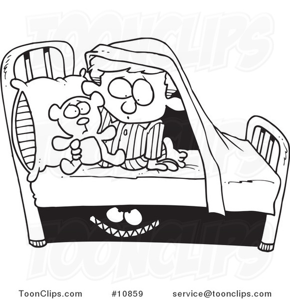 Cartoon Black and White Line Drawing of a Monster Scaring a Boy Under a Bed  #10859 by Ron Leishman