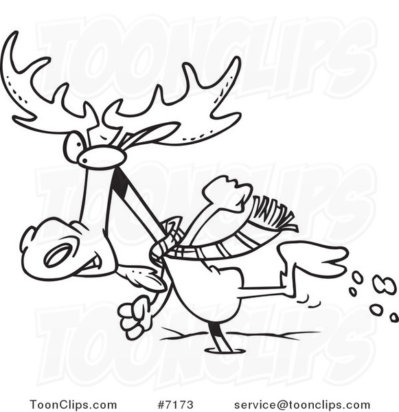 Cartoon Black and White Line Drawing of a Moose Running in the Snow