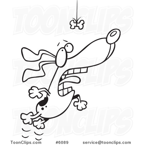 Cartoon Black and White Line Drawing of a Motivated Dog Leaping for a Suspended Bone