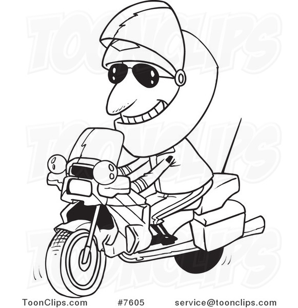 Cartoon Black and White Line Drawing of a Motorcycle Cop