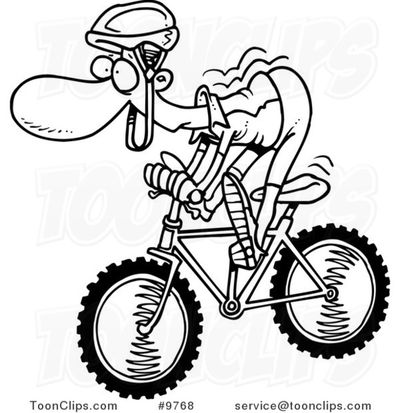 Cartoon Black and White Line Drawing of a Mountain Biker