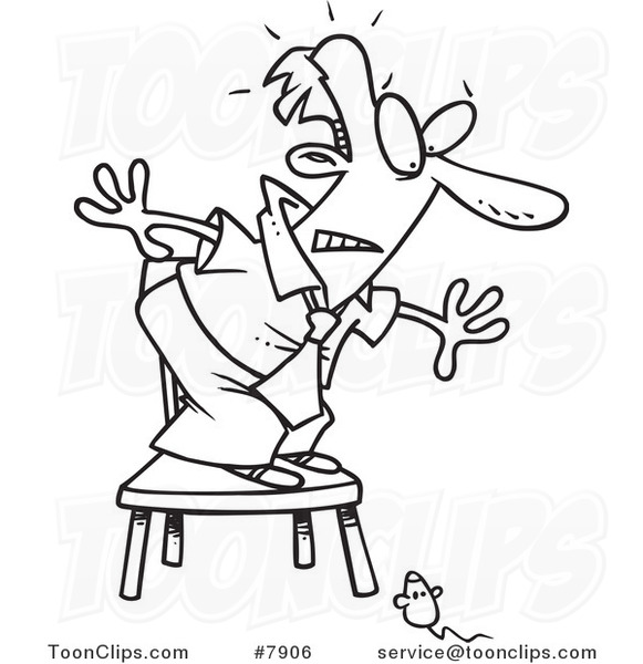 Cartoon Black and White Line Drawing of a Mouse Scaring a Business Man