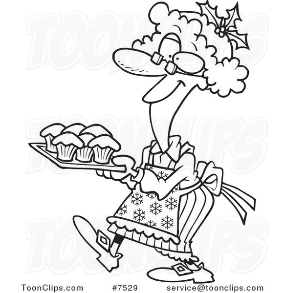 Cartoon Black and White Line Drawing of a Mrs Claus Baking Cupcakes