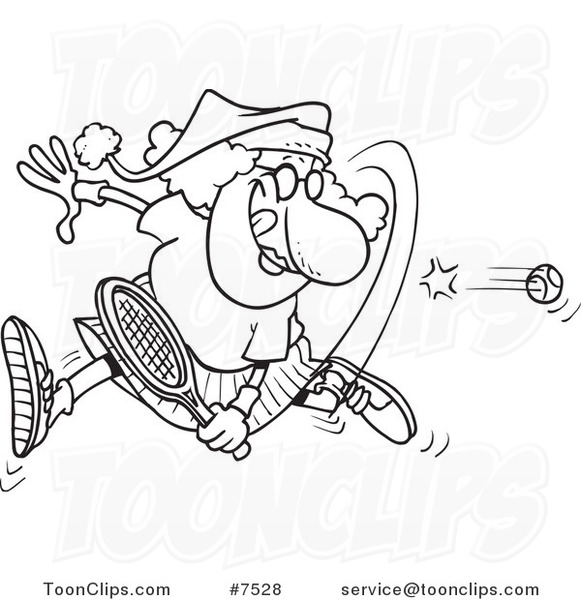 Cartoon Black and White Line Drawing of a Mrs Claus Playing Tennis