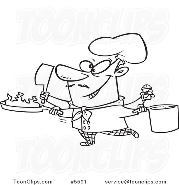 Cartoon Black and White Line Drawing of a Multi Tasking Chef