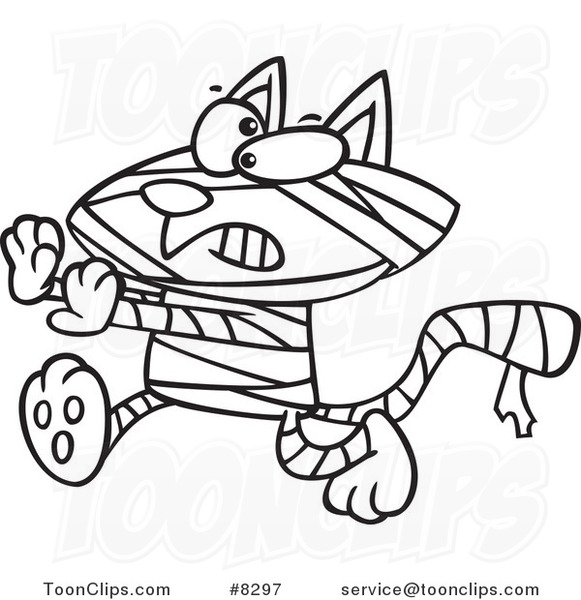 Cartoon Black and White Line Drawing of a Mummy Cat #8297 by Ron Leishman