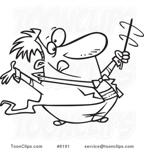 Cartoon Black and White Line Drawing of a Music Conductor Swirling His Baton