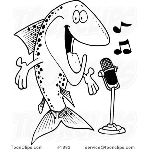 Cartoon Black and White Line Drawing of a Musical Trout Singing