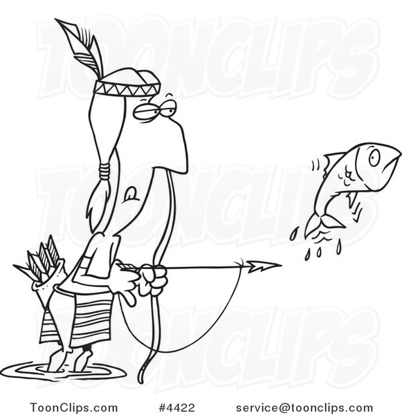 Cartoon Black and White Line Drawing of a Native American Guy Bow Fishing