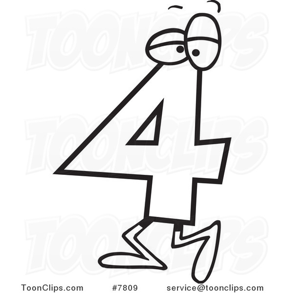 Cartoon Black and White Line Drawing of a Number Four 4 Character 7809