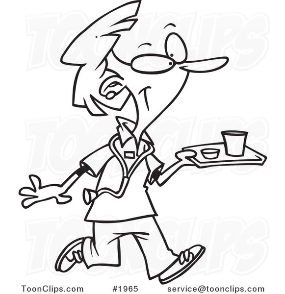Cartoon Black and White Line Drawing of a Nurse Carrying a Tray of Cafeteria Food