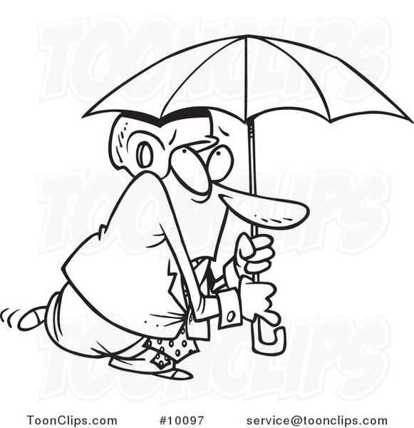 Cartoon Black and White Line Drawing of a Paranoid Business Man Wearing a Helmet Under an Umbrella