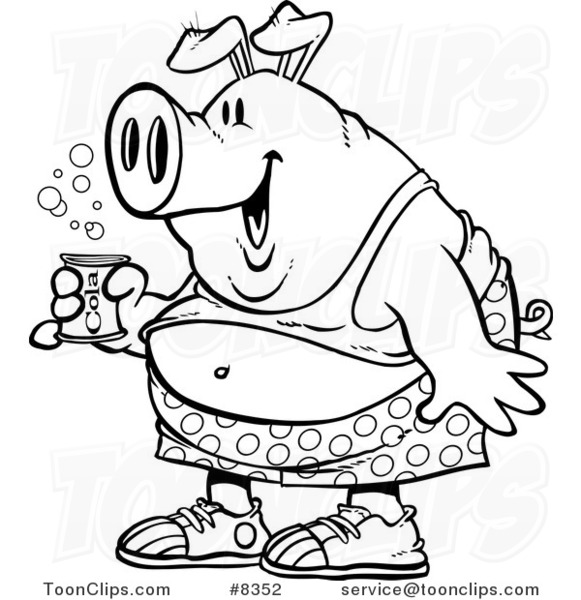 Cartoon Black and White Line Drawing of a Party Pig Holding Beer #8352 by  Ron Leishman