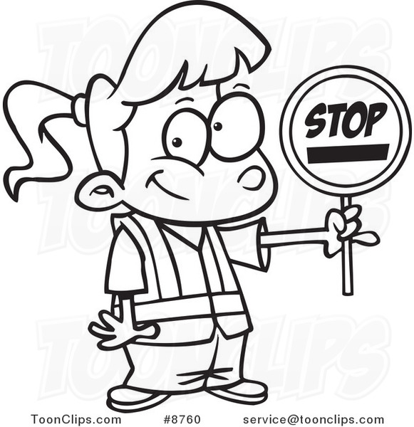Cartoon Black and White Line Drawing of a Patrol Girl Holding a Stop