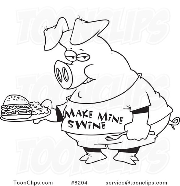 Cartoon Black and White Line Drawing of a Pig Carrying a Sandwich