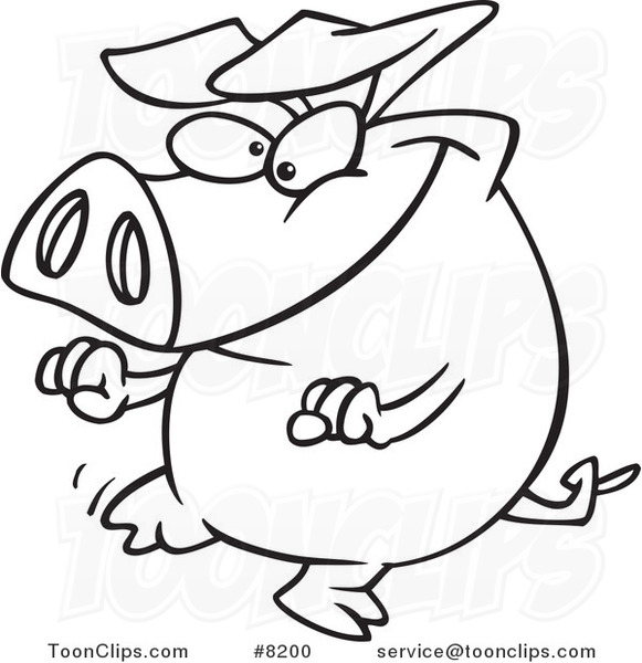 Cartoon Black and White Line Drawing of a Pig Doing a Happy Dance