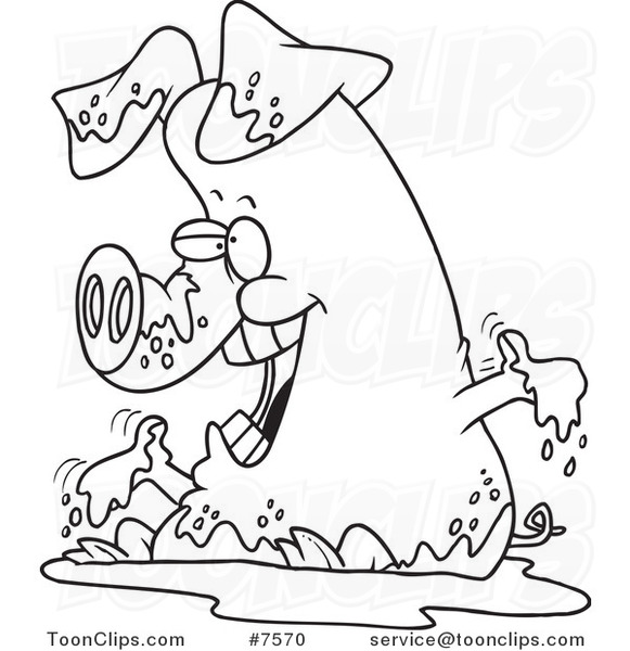 Cartoon Black and White Line Drawing of a Pig Playing in Mud