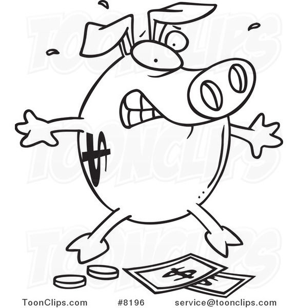 Cartoon Black and White Line Drawing of a Piggy Bank over Money