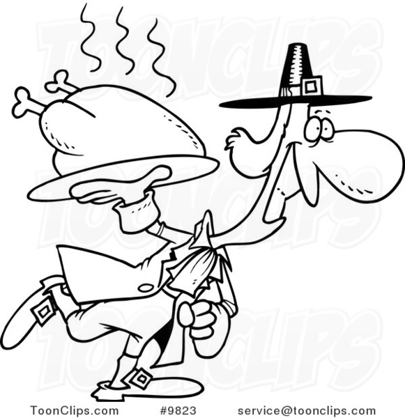 Cartoon Black and White Line Drawing of a Pilgrim Carrying a Hot Turkey