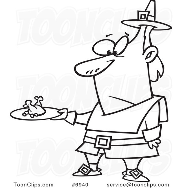 Cartoon Black and White Line Drawing of a Pilgrim Guy Carrying a Meagre Meal