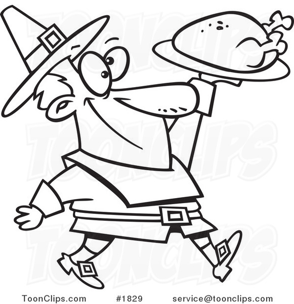 Cartoon Black and White Line Drawing of a Pilgrim Guy Carrying a Roasted Turkey