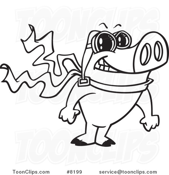 Cartoon Black and White Line Drawing of a Pilot Pig Posing
