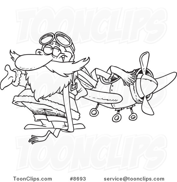 Cartoon Black and White Line Drawing of a Pilot Santa